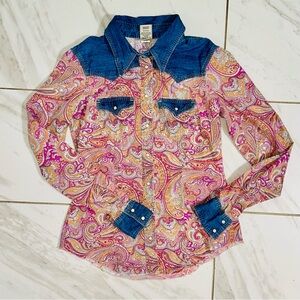 True Religion Denim Shirt Womens Size Large Pearl Snap Long Sleeve Western